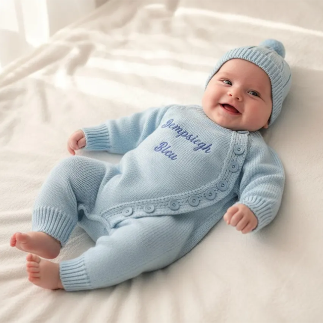 Picture of Personalized Baby Bodysuit Set – Custom Embroidered Newborn Knit Outfit with Hat – Personalized Baby Clothes Gift