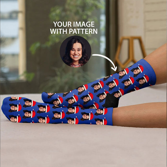 Picture of Custom Christmas Photo Socks with Green / Red Santa Hat - Christmas Gift