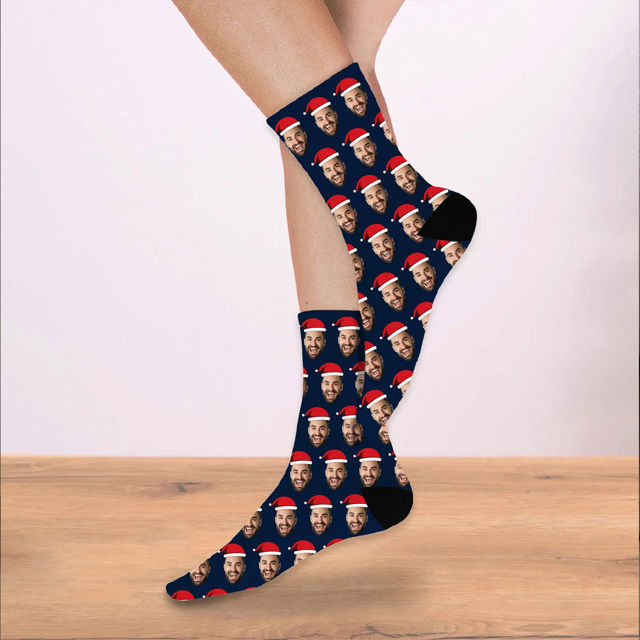 Picture of Custom Christmas Photo Socks with Green / Red Santa Hat - Christmas Gift