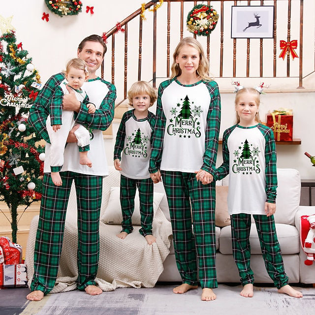 Picture of Family Christmas Pajama Sets - Green Plaid Long Sleeves Pajamas