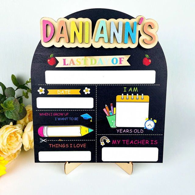 Picture of Personalized Wooden First & Last Day of School Sign - Black Background with Colorful Lettering - Back to School Photo Board for Kids