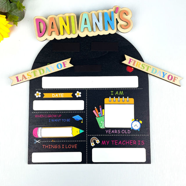 Picture of Personalized Wooden First & Last Day of School Sign - Black Background with Colorful Lettering - Back to School Photo Board for Kids