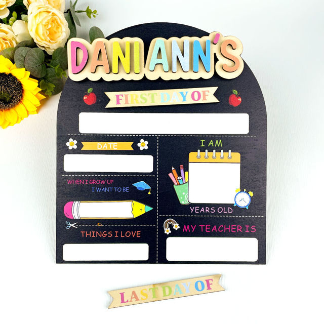 Picture of Personalized Wooden First & Last Day of School Sign - Black Background with Colorful Lettering - Back to School Photo Board for Kids