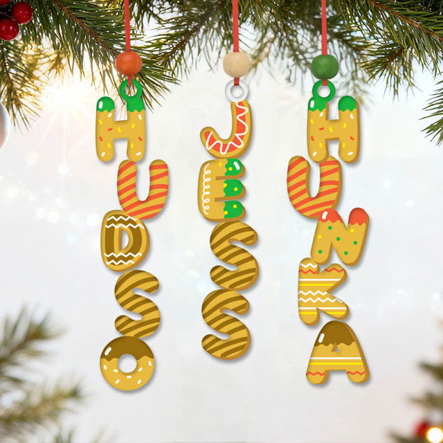 Picture of Custom Christmas Name Letter Ornament - Stocking Tag for Kids - Donut Font - Kids Ornament - Christmas Tags - 3-Piece Set