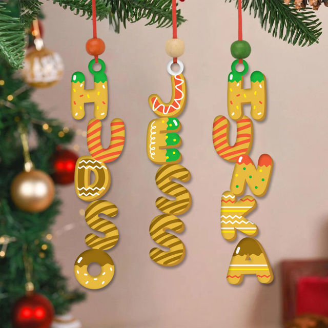 Picture of Custom Christmas Name Letter Ornament - Stocking Tag for Kids - Donut Font - Kids Ornament - Christmas Tags - 3-Piece Set