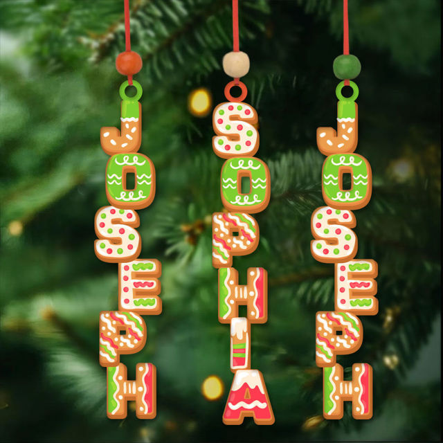 Immagine di Ornamento natalizio personalizzato con lettere e nomi - Etichetta per calze per bambini - Carattere colorato per dessert - Ornamento per bambini - Etichette natalizie - Set da 3 pezzi