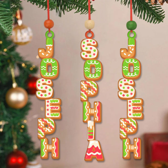 Immagine di Ornamento natalizio personalizzato con lettere e nomi - Etichetta per calze per bambini - Carattere colorato per dessert - Ornamento per bambini - Etichette natalizie - Set da 3 pezzi