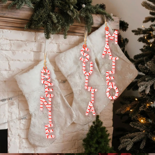 Picture of Custom Christmas Name Letter Ornament - Stocking Tag for Kids - Red and White Balloon Font - Kids Ornament - Christmas Tags - 3-Piece Set