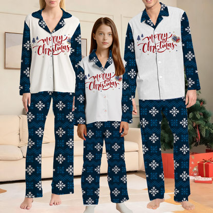 Picture of Family Christmas Pajamas Set - Navy Blue Snowflake Merry Christmas Matching Family Pajamas