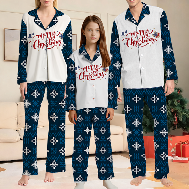 Picture of Family Christmas Pajamas Set - Navy Blue Snowflake Merry Christmas Matching Family Pajamas