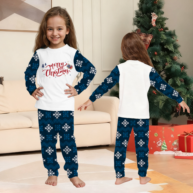 Picture of Family Christmas Pajama Set - Navy Blue Snowflake Merry Christmas Parent-Child Pajamas - Crew Neck Pajamas