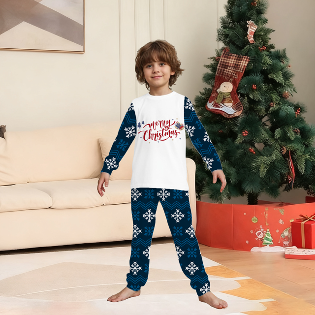 Picture of Family Christmas Pajama Set - Navy Blue Snowflake Merry Christmas Parent-Child Pajamas - Crew Neck Pajamas
