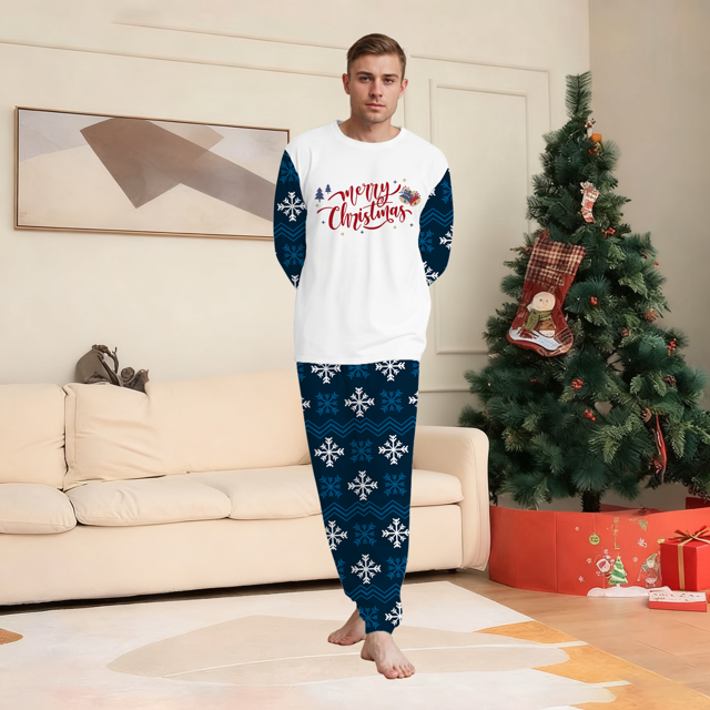 Picture of Family Christmas Pajama Set - Navy Blue Snowflake Merry Christmas Parent-Child Pajamas - Crew Neck Pajamas