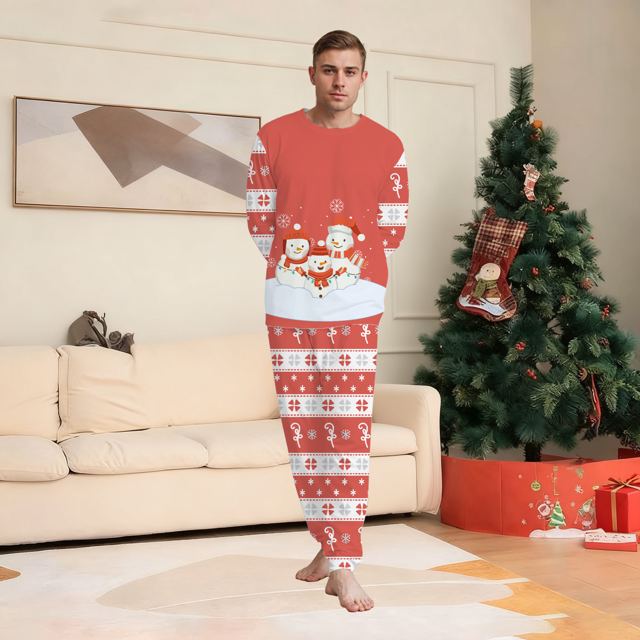 Picture of Family Christmas Pajamas Set - Red Christmas Pattern Sleepwear - Crew Neck Pajamas