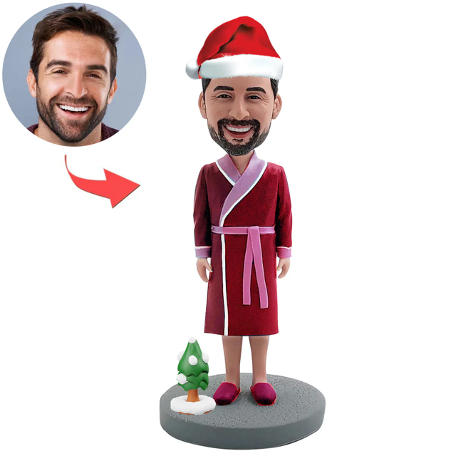 Picture of Custom Bobbleheads: Father in Bathrobe with Santa Hat | Personalized Bobbleheads for the Special Someone as a Unique Gift Idea