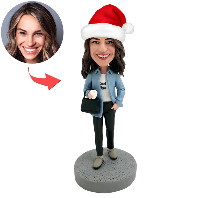 Picture of Custom Bobbleheads: Working Woman with Santa Hat | Personalized Bobbleheads for the Special Someone as a Unique Gift Idea