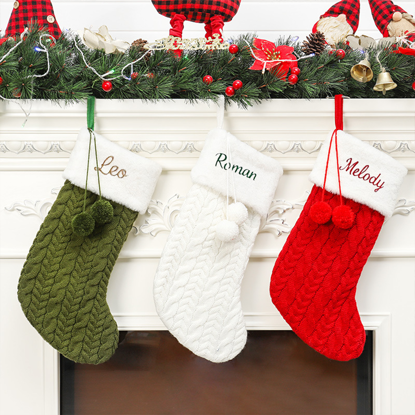 Picture of Embroidered Christmas Stockings - Custom Christmas Stockings with Pom-poms - Holiday Gifts, Named Christmas Stockings, Christmas Decorations