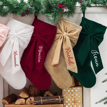 Picture of Embroidered Christmas Stockings - Personalized Bow Christmas Stockings - Velvet Name Christmas Stockings, Christmas Family Gifts