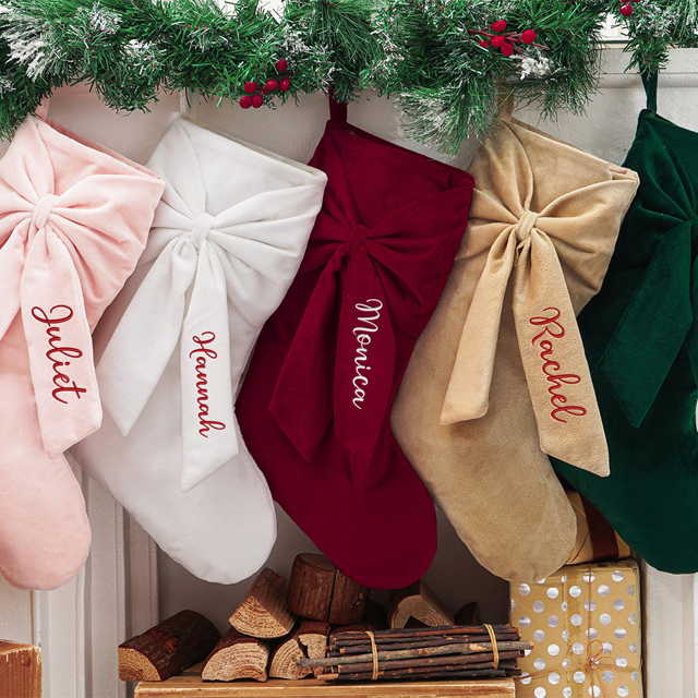 Picture of Embroidered Christmas Stockings - Personalized Bow Christmas Stockings - Velvet Name Christmas Stockings, Christmas Family Gifts