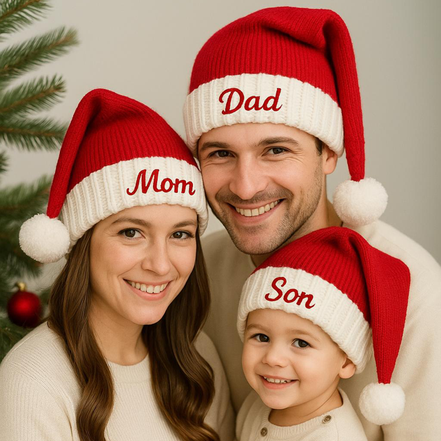 Picture of Custom Knitted Santa Hat with Name - Personalized Embroidered Family Christmas Hat - Xmas Gift