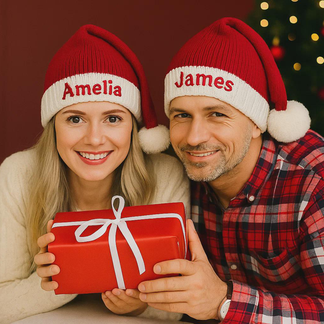 Picture of Custom Knitted Santa Hat with Name - Personalized Embroidered Family Christmas Hat - Xmas Gift