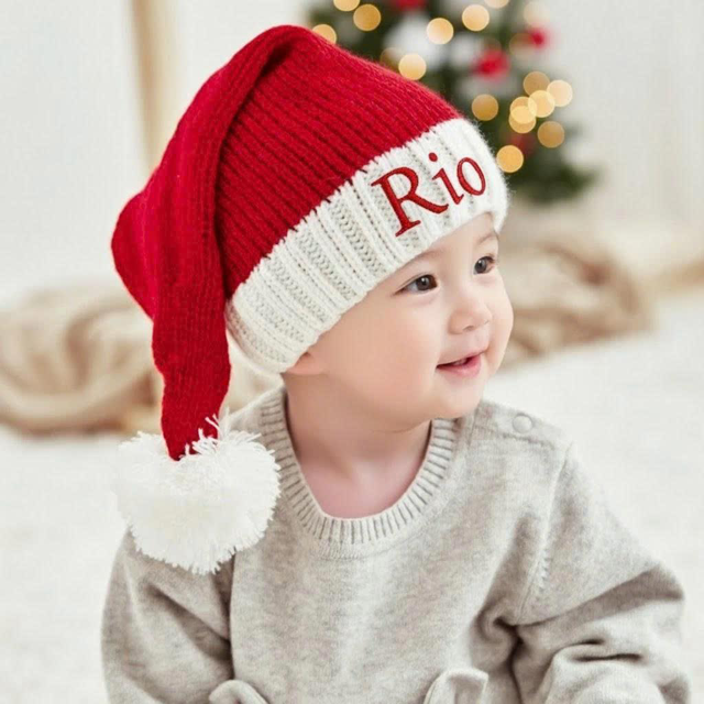 Picture of Custom Knitted Santa Hat with Name - Personalized Embroidered Family Christmas Hat - Xmas Gift