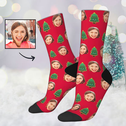 Picture of Custom Photo Face Christmas Socks - Red Socks with Christmas Tree - Gift for Family and Friends