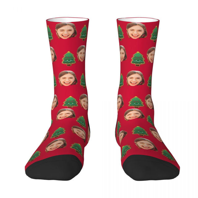 Picture of Custom Photo Face Christmas Socks - Red Socks with Christmas Tree - Gift for Family and Friends