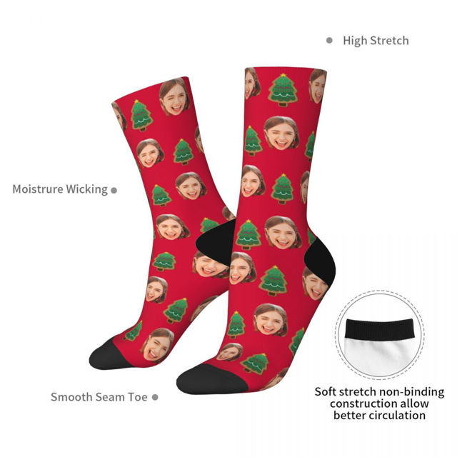 Picture of Custom Photo Face Christmas Socks - Red Socks with Christmas Tree - Gift for Family and Friends