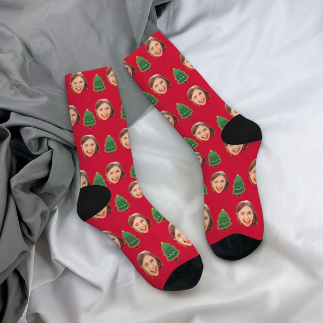 Picture of Custom Photo Face Christmas Socks - Red Socks with Christmas Tree - Gift for Family and Friends