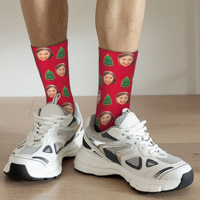 Picture of Custom Photo Face Christmas Socks - Red Socks with Christmas Tree - Gift for Family and Friends