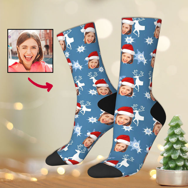 Picture of Custom Photo Face Christmas Socks - Dark Blue with Reindeer Style - Gift for Family and Friends