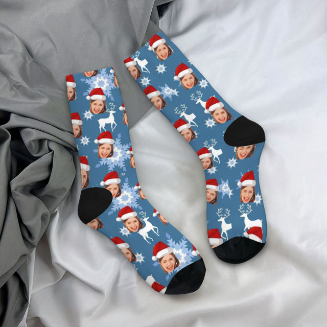 Picture of Custom Photo Face Christmas Socks - Dark Blue with Reindeer Style - Gift for Family and Friends