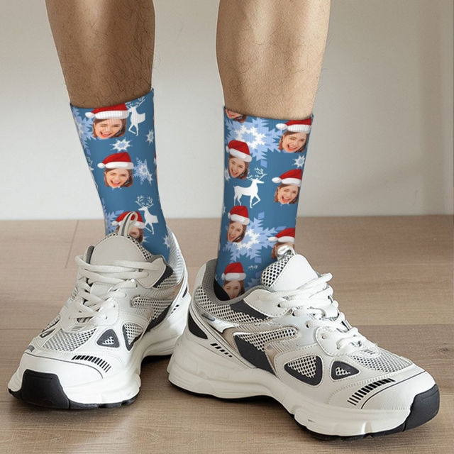 Picture of Custom Photo Face Christmas Socks - Dark Blue with Reindeer Style - Gift for Family and Friends