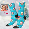 Picture of Custom Photo Face Christmas Socks - Light Blue with Christmas Hat Style - Gift for Family and Friends