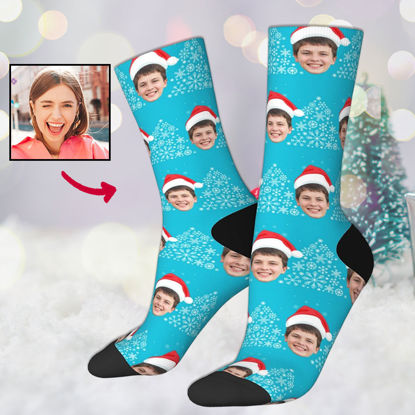 Picture of Custom Photo Face Christmas Socks - Light Blue with Christmas Hat Style - Gift for Family and Friends
