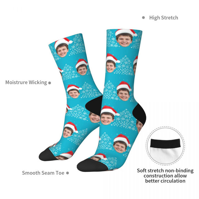 Picture of Custom Photo Face Christmas Socks - Light Blue with Christmas Hat Style - Gift for Family and Friends