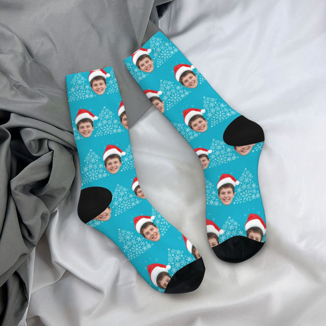 Picture of Custom Photo Face Christmas Socks - Light Blue with Christmas Hat Style - Gift for Family and Friends