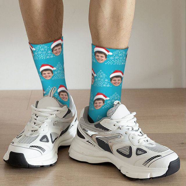 Picture of Custom Photo Face Christmas Socks - Light Blue with Christmas Hat Style - Gift for Family and Friends