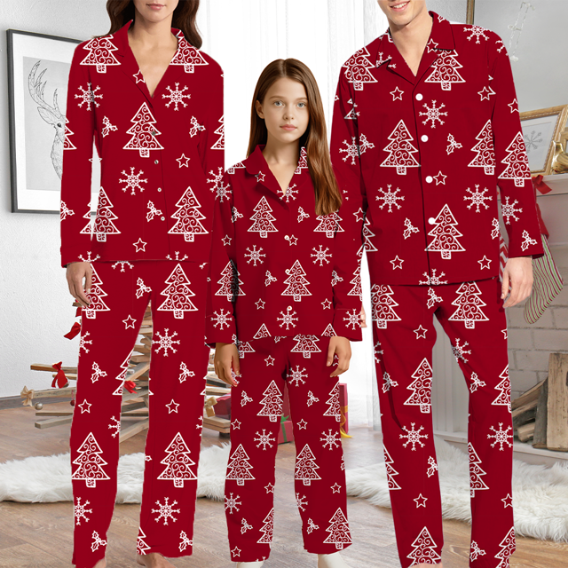 Picture of Family Pajama Set - Family Christmas Pajamas Set – Red Christmas Tree and Snowflake Print Sleepwear