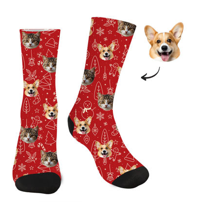 Picture of Custom Photo Face Socks - Red Christmas Pattern