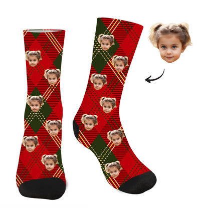 Picture of Custom Photo Face Socks - Red Plaid Christmas Pattern