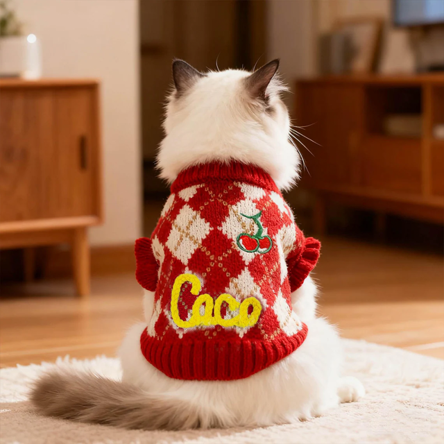 Picture of Custom Pet Sweaters - Red Crochet Cat and Dog Christmas Sweaters - Pet Name Customizable