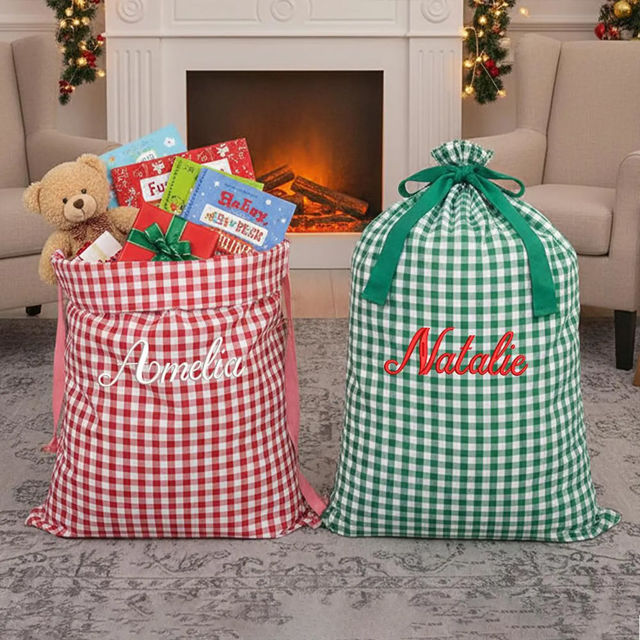 Picture of Custom Embroidered Plaid Santa Bag - Personalised Santa Gift Bag for Christmas with Name
