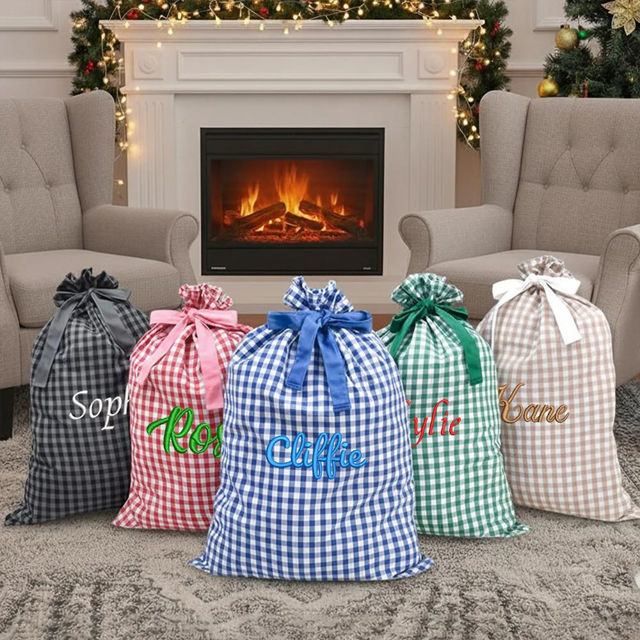 Picture of Custom Embroidered Plaid Santa Bag - Personalised Santa Gift Bag for Christmas with Name