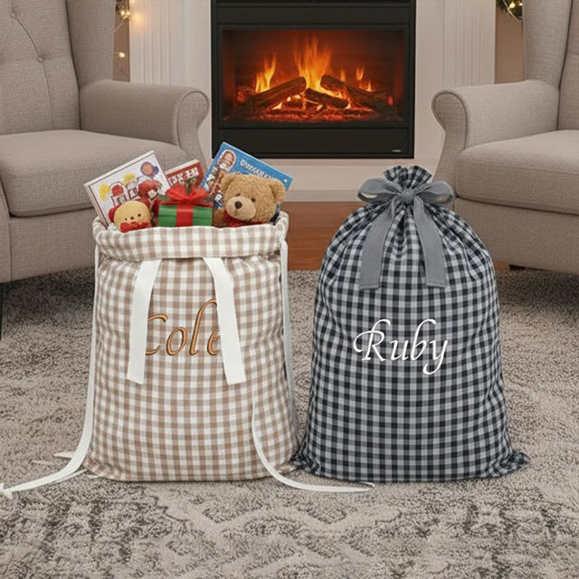 Picture of Custom Embroidered Plaid Santa Bag - Personalised Santa Gift Bag for Christmas with Name