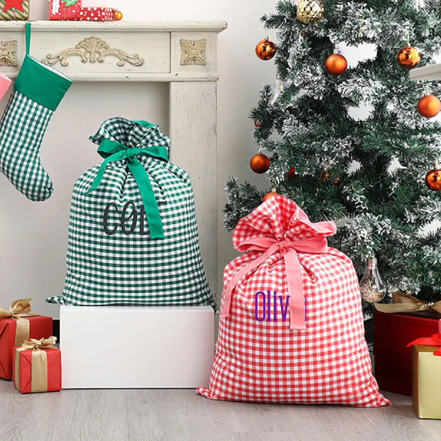Picture of Custom Embroidered Plaid Santa Bag - Personalised Santa Gift Bag for Christmas with Name