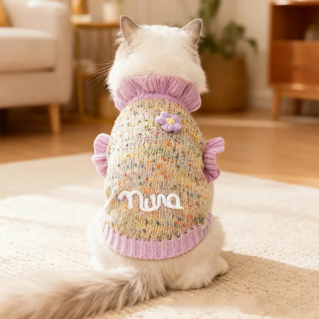 Picture of Custom Pet Sweaters - Purple Crochet Cat and Dog Christmas Sweaters - Pet Name Customizable