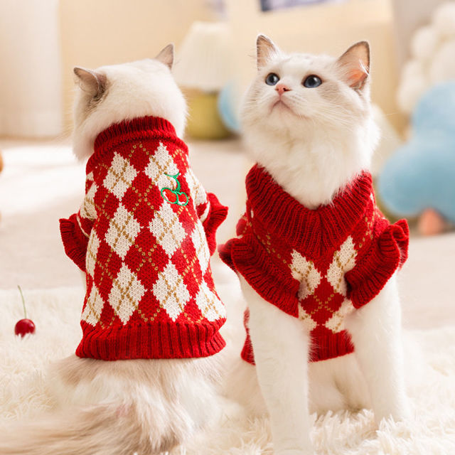 Picture of Custom Pet Sweaters - Red Crochet Cat and Dog Christmas Sweaters - Pet Name Customizable