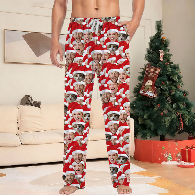 Picture of Family Custom Christmas Pajama Pants with Santa's Hat & Face - Pajama Bottoms - Christmas Gift for Family